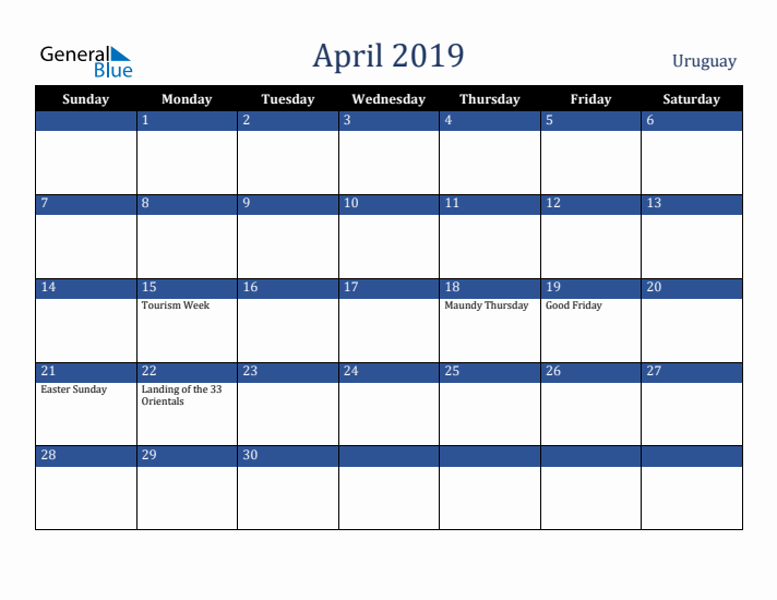 April 2019 Uruguay Calendar (Sunday Start)