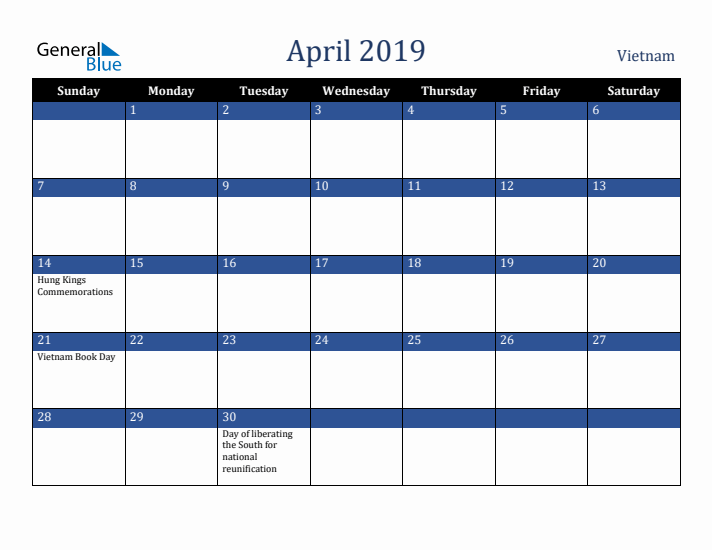 April 2019 Vietnam Calendar (Sunday Start)