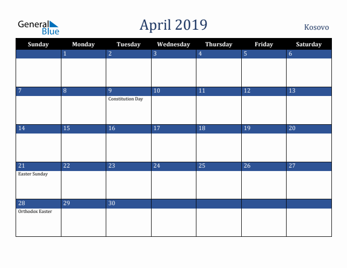 April 2019 Kosovo Calendar (Sunday Start)