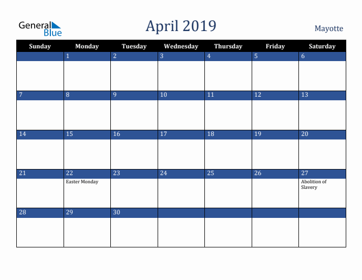 April 2019 Mayotte Calendar (Sunday Start)