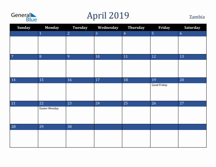 April 2019 Zambia Calendar (Sunday Start)