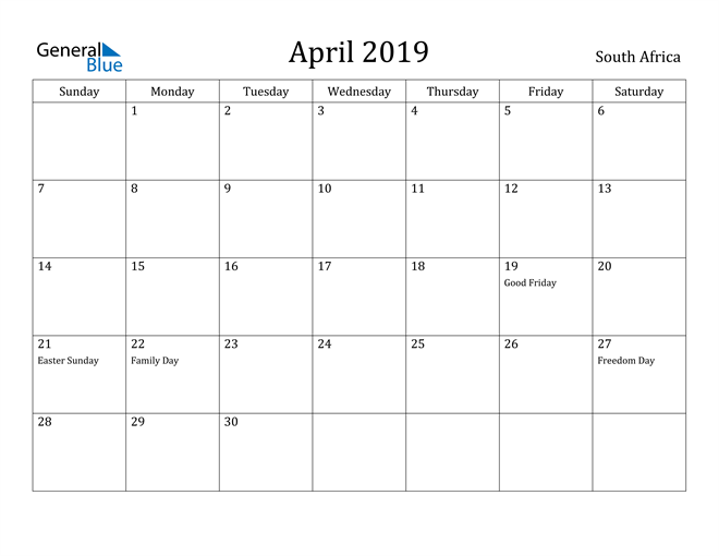 south africa april 2019 calendar with holidays