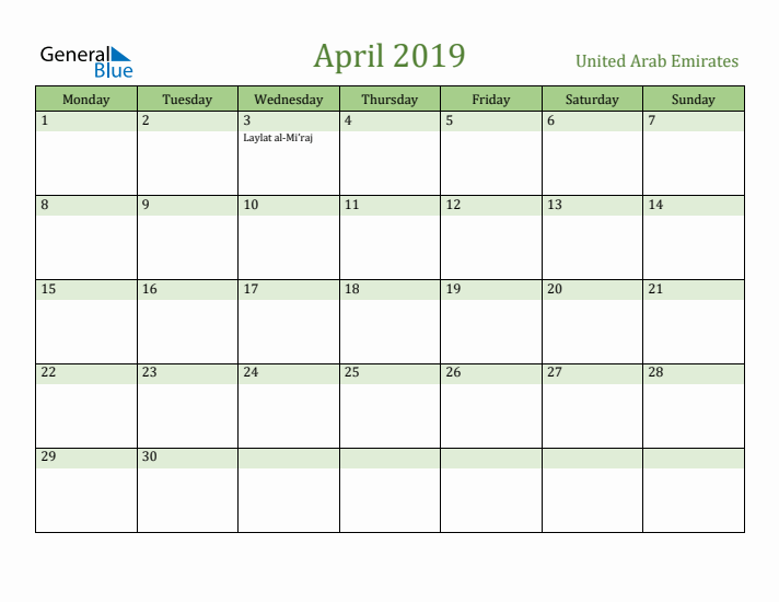April 2019 Calendar with United Arab Emirates Holidays
