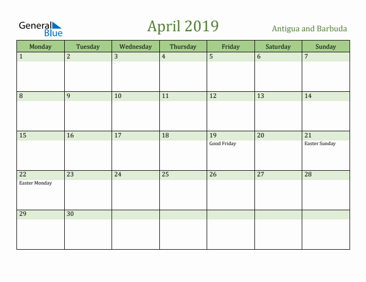 April 2019 Calendar with Antigua and Barbuda Holidays
