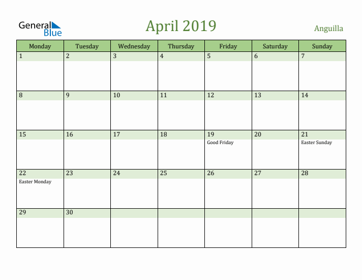 April 2019 Calendar with Anguilla Holidays