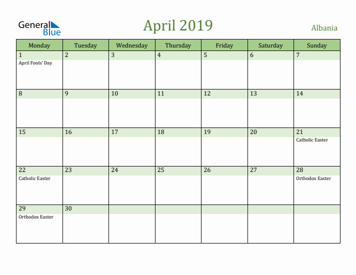 April 2019 Calendar with Albania Holidays
