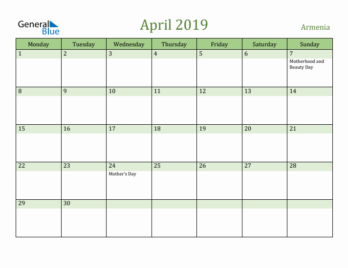 April 2019 Calendar with Armenia Holidays