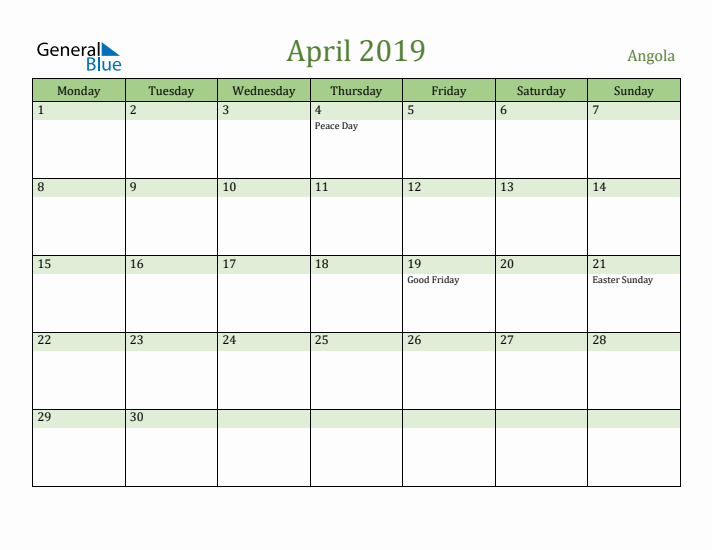April 2019 Calendar with Angola Holidays