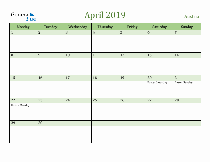 April 2019 Calendar with Austria Holidays