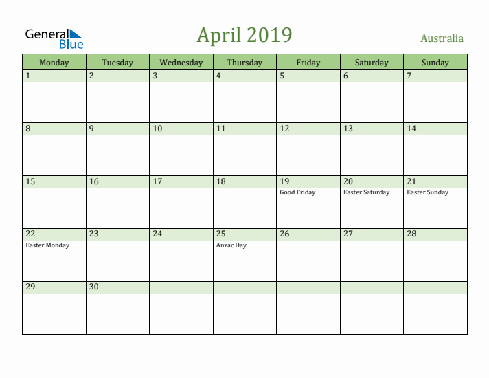 April 2019 Calendar with Australia Holidays