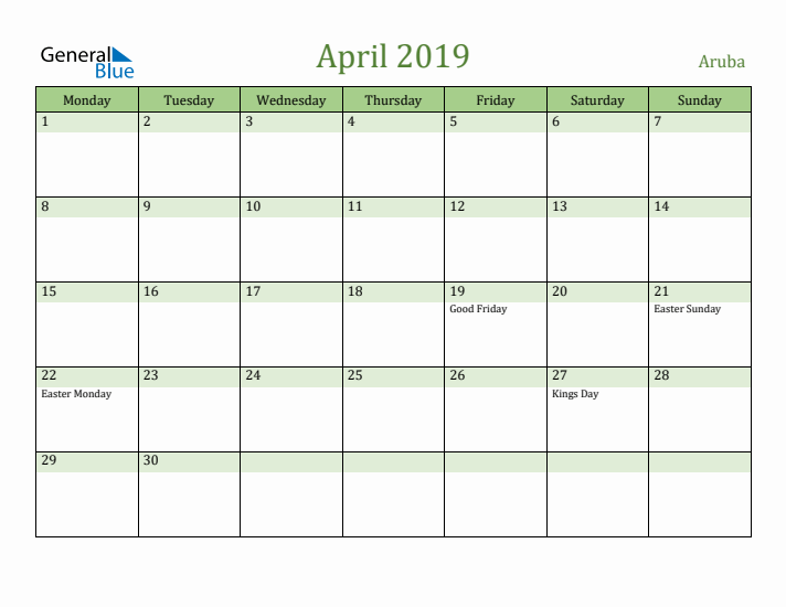 April 2019 Calendar with Aruba Holidays