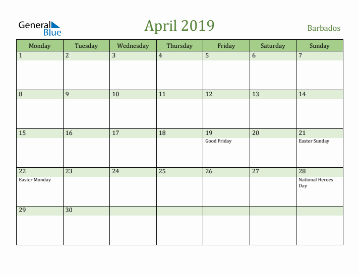 April 2019 Calendar with Barbados Holidays