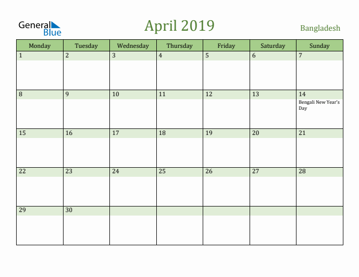 April 2019 Calendar with Bangladesh Holidays