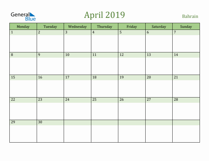 April 2019 Calendar with Bahrain Holidays