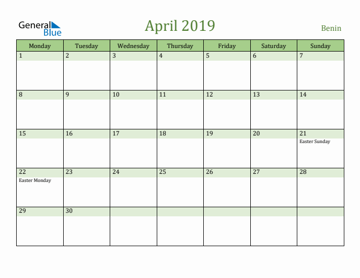 April 2019 Calendar with Benin Holidays