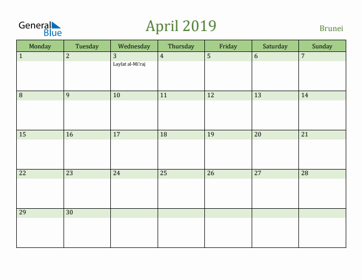 April 2019 Calendar with Brunei Holidays