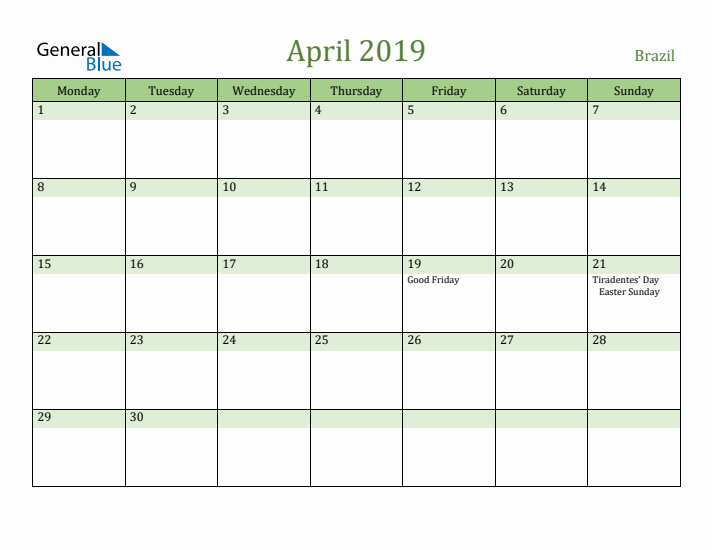 April 2019 Calendar with Brazil Holidays