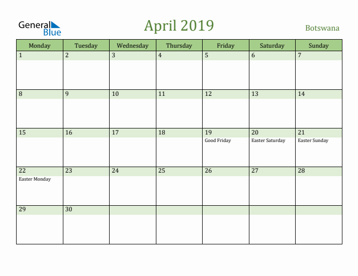 April 2019 Calendar with Botswana Holidays