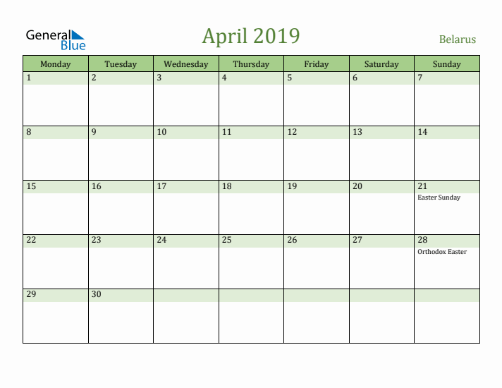 April 2019 Calendar with Belarus Holidays
