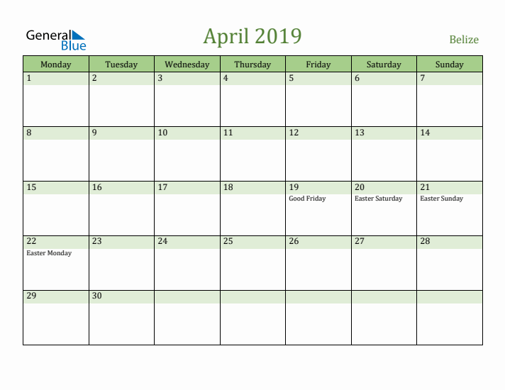 April 2019 Calendar with Belize Holidays