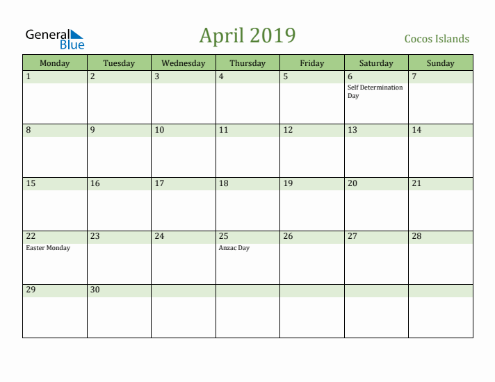 April 2019 Calendar with Cocos Islands Holidays