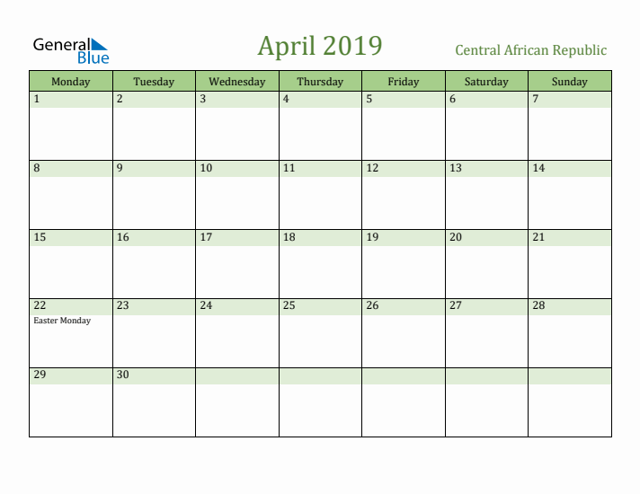 April 2019 Calendar with Central African Republic Holidays