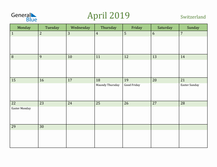 April 2019 Calendar with Switzerland Holidays