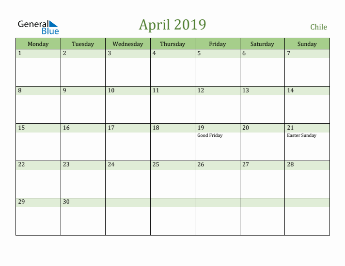April 2019 Calendar with Chile Holidays