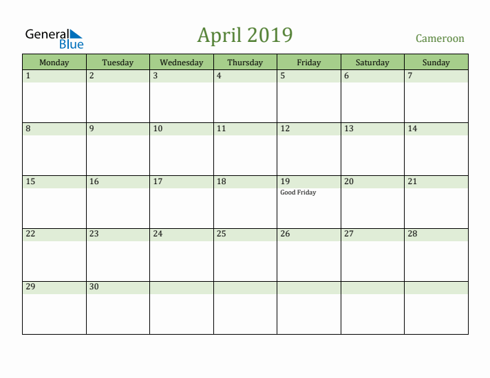 April 2019 Calendar with Cameroon Holidays