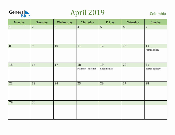 April 2019 Calendar with Colombia Holidays