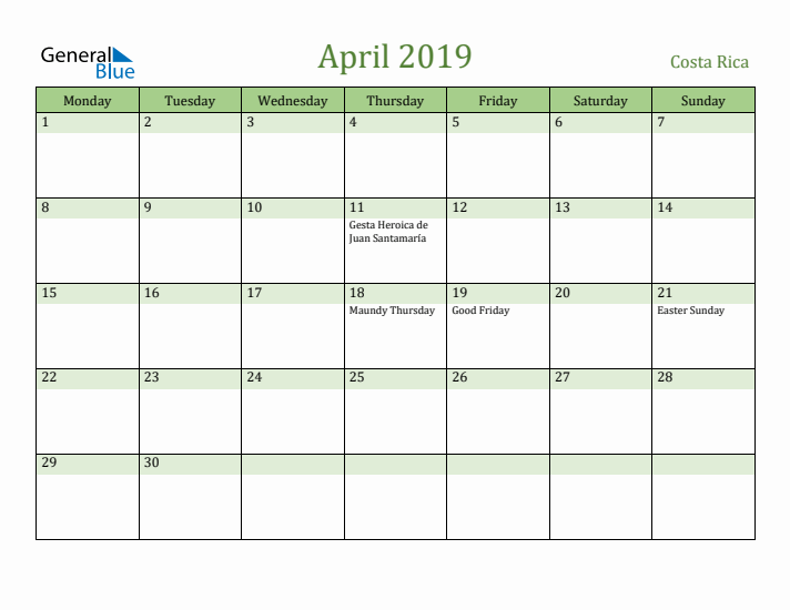 April 2019 Calendar with Costa Rica Holidays