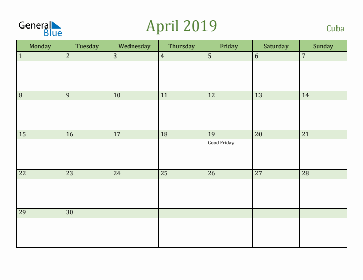 April 2019 Calendar with Cuba Holidays