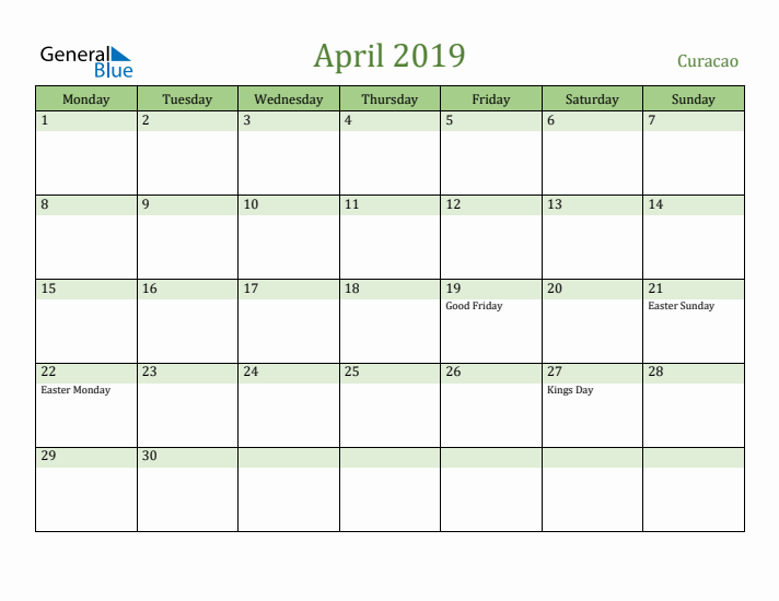 April 2019 Calendar with Curacao Holidays