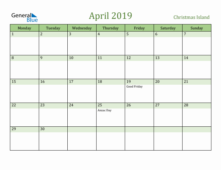 April 2019 Calendar with Christmas Island Holidays