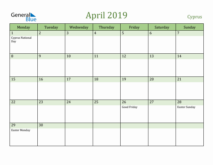 April 2019 Calendar with Cyprus Holidays