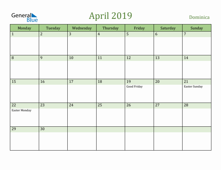 April 2019 Calendar with Dominica Holidays