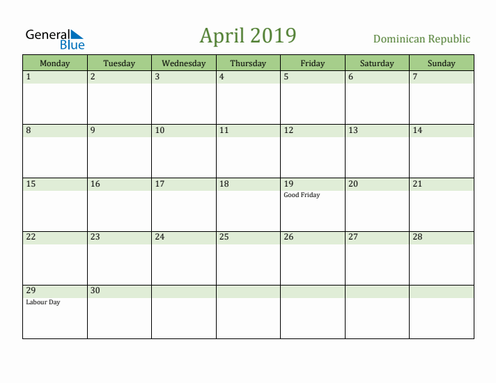 April 2019 Calendar with Dominican Republic Holidays