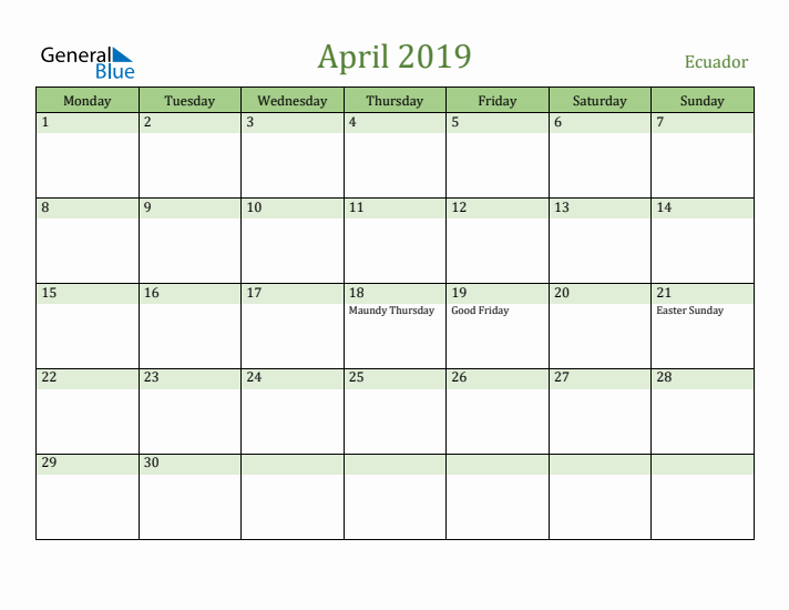 April 2019 Calendar with Ecuador Holidays