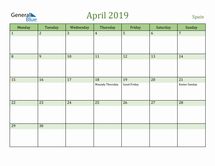 April 2019 Calendar with Spain Holidays