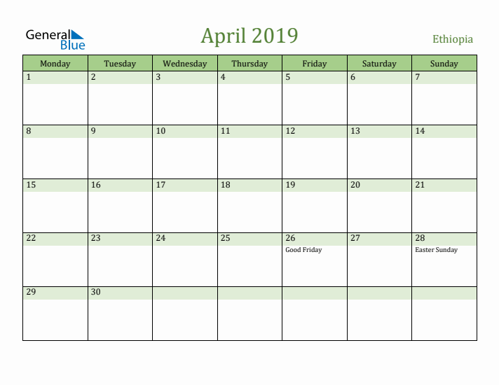 April 2019 Calendar with Ethiopia Holidays