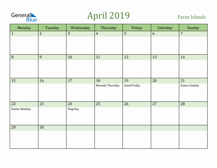April 2019 Calendar with Faroe Islands Holidays