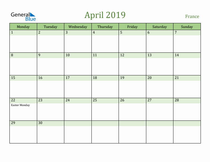 April 2019 Calendar with France Holidays