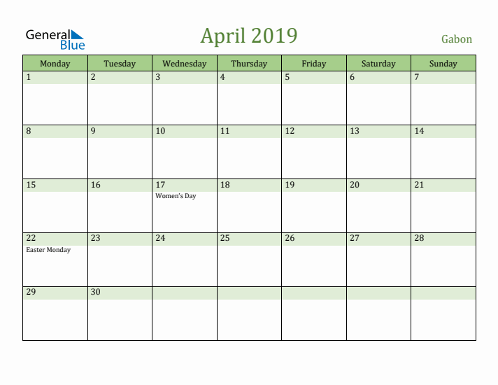 April 2019 Calendar with Gabon Holidays