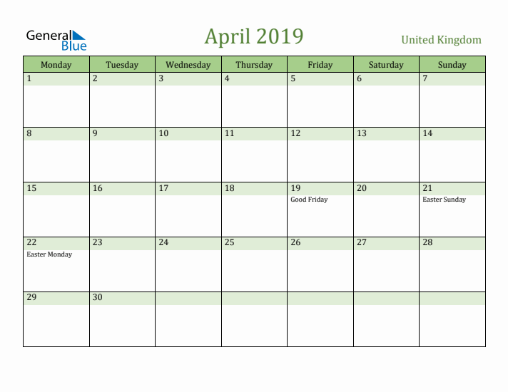 April 2019 Calendar with United Kingdom Holidays
