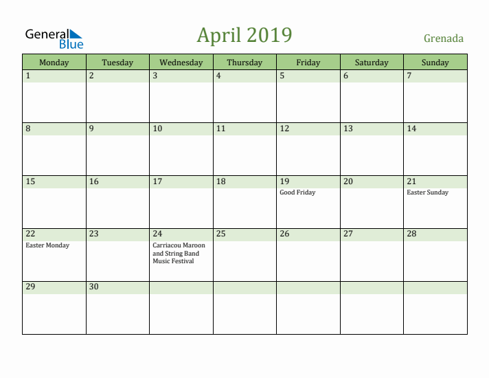 April 2019 Calendar with Grenada Holidays