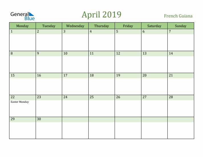 April 2019 Calendar with French Guiana Holidays