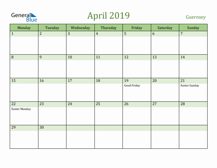 April 2019 Calendar with Guernsey Holidays
