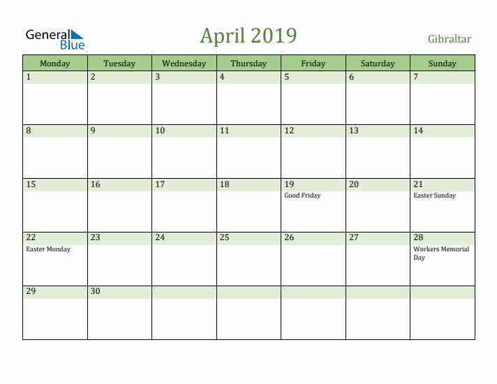 April 2019 Calendar with Gibraltar Holidays