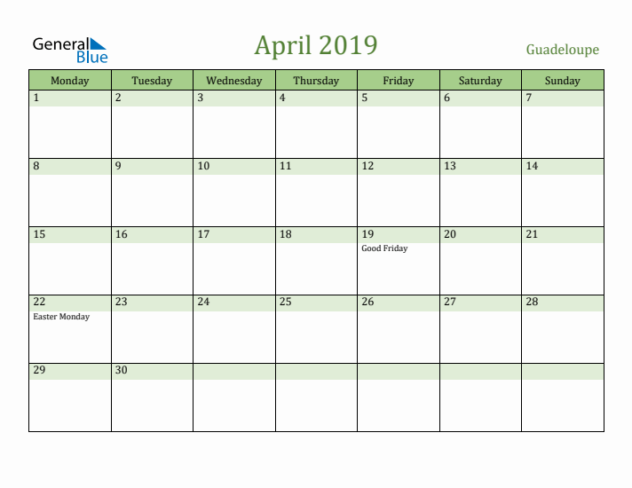April 2019 Calendar with Guadeloupe Holidays