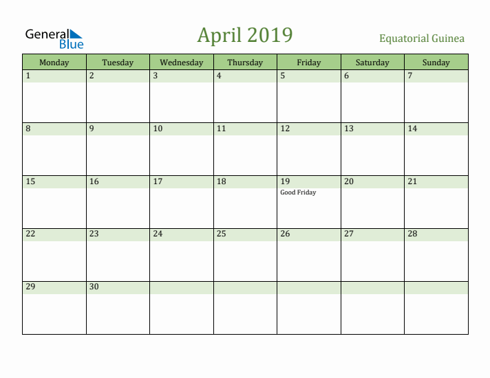 April 2019 Calendar with Equatorial Guinea Holidays